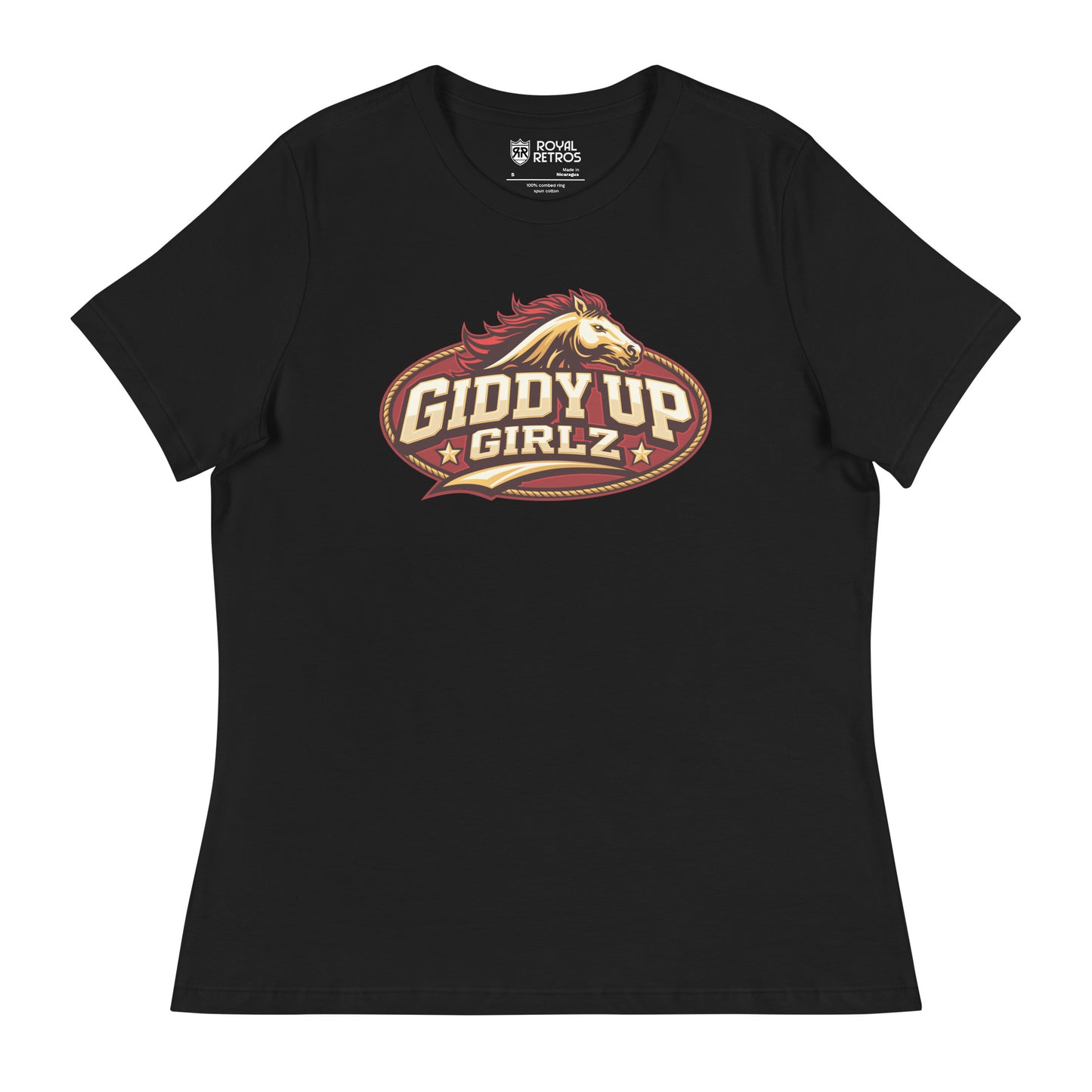 Birmingham Stallions UFL Giddy Up Girlz supporters T-shirt. Black. Red oval with gold trim, Horses head in gold with red mane over Giddy Up in Gold with black shadow over Girlz in gold with black shadow and text tail, gold with black shadow. Royal Retros.