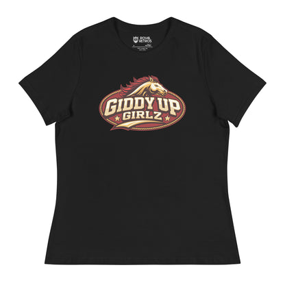Birmingham Stallions UFL Giddy Up Girlz supporters T-shirt. Black. Red oval with gold trim, Horses head in gold with red mane over Giddy Up in Gold with black shadow over Girlz in gold with black shadow and text tail, gold with black shadow. Royal Retros.