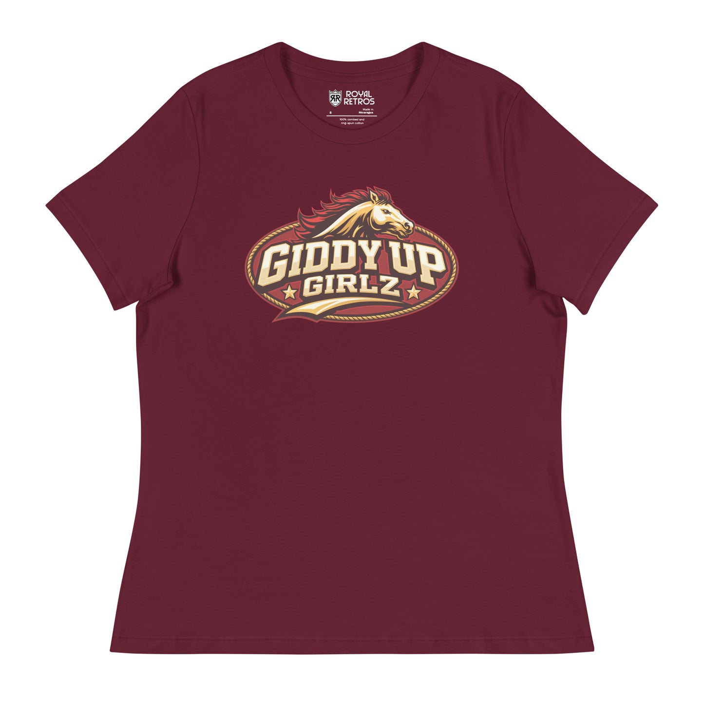 Birmingham Stallions UFL Giddy Up Girlz supporters T-shirt. Maroon. Red oval with gold trim, Horses head in gold with red mane over Giddy Up in Gold with black shadow over Girlz in gold with black shadow and text tail, gold with black shadow. Royal Retros.