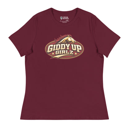 Birmingham Stallions UFL Giddy Up Girlz supporters T-shirt. Maroon. Red oval with gold trim, Horses head in gold with red mane over Giddy Up in Gold with black shadow over Girlz in gold with black shadow and text tail, gold with black shadow. Royal Retros.