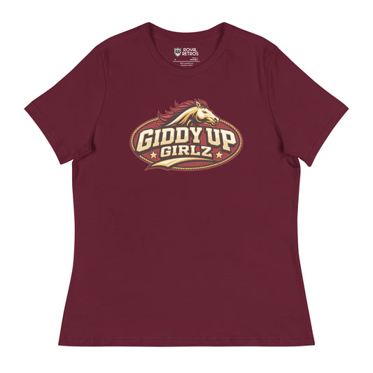 Birmingham Stallions UFL Giddy Up Girlz supporters T-shirt. Maroon. Red oval with gold trim, Horses head in gold with red mane over Giddy Up in Gold with black shadow over Girlz in gold with black shadow and text tail, gold with black shadow. Royal Retros.