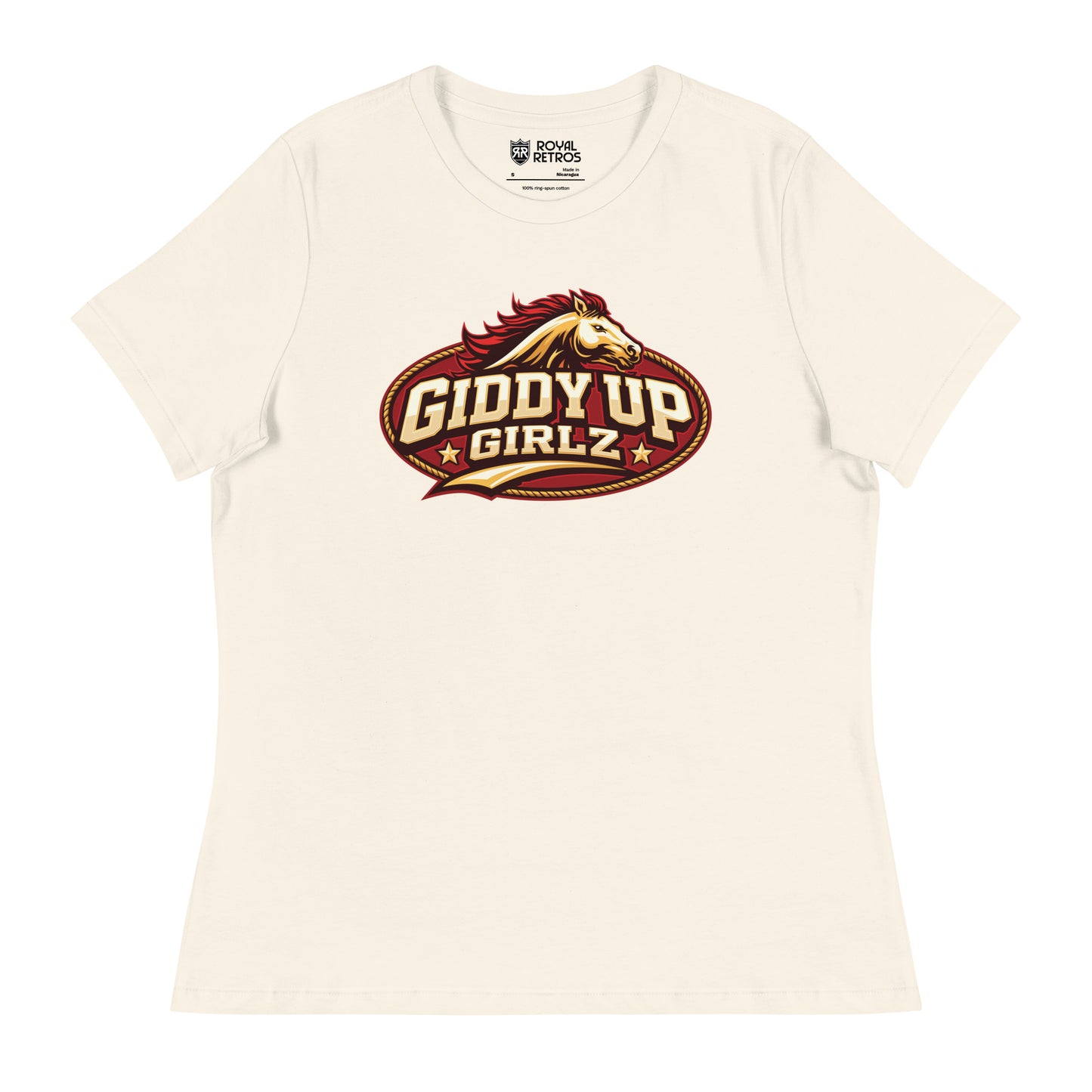 Birmingham Stallions UFL Giddy Up Girlz supporters T-shirt. White. Red oval with gold trim, Horses head in gold with red mane over Giddy Up in Gold with black shadow over Girlz in gold with black shadow and text tail, gold with black shadow. Royal Retros.