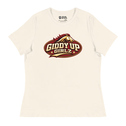 Birmingham Stallions UFL Giddy Up Girlz supporters T-shirt. White. Red oval with gold trim, Horses head in gold with red mane over Giddy Up in Gold with black shadow over Girlz in gold with black shadow and text tail, gold with black shadow. Royal Retros.