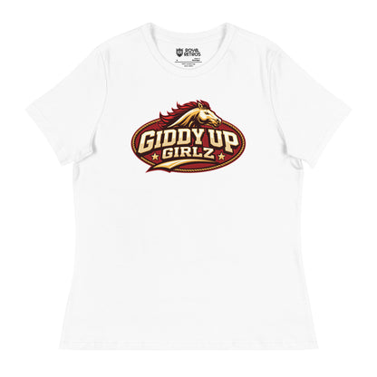 Birmingham Stallions UFL Giddy Up Girlz supporters T-shirt. White. Red oval with gold trim, Horses head in gold with red mane over Giddy Up in Gold with black shadow over Girlz in gold with black shadow and text tail, gold with black shadow. Royal Retros.