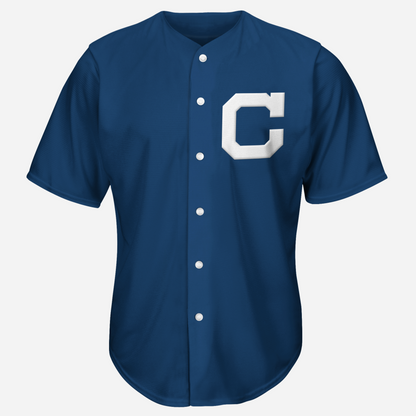 Cleveland Bronchos blue button-up baseball jersey. Large white C on left chest. Royal Retros