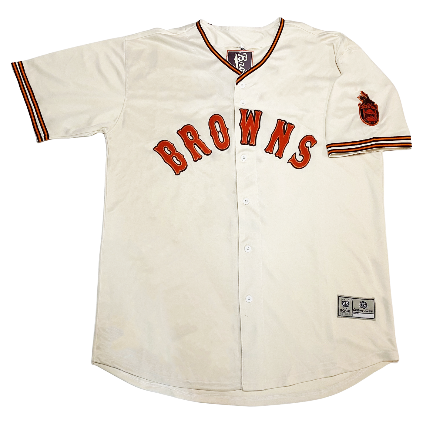 St Louis Browns button-up Jersey 1937 cream home jersey, Block Browns in orange. Black arange trim on sleeves and neck. Royal Retroso
