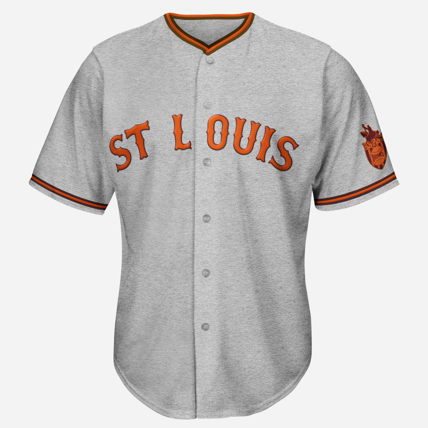 St Louis Browns button-up Jersey 1937 road grey. St. Louis in orange in classic block letters. Orange and brown trim on sleeves and shoulder. Elf on sleeve. Royal Retros