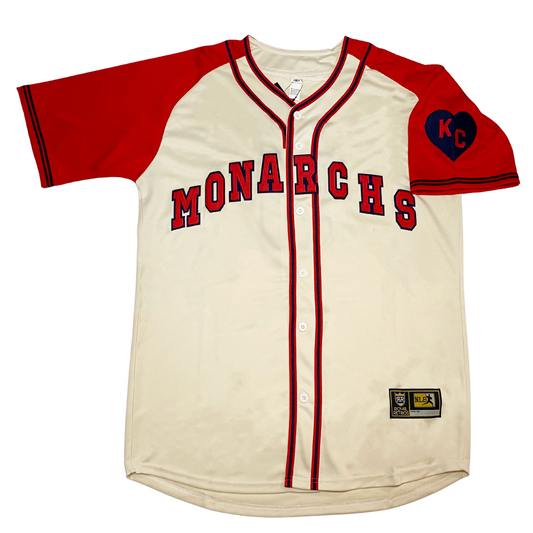 1942 Satchel Paige Kansas City Monarchs Block white with red letters red sleeves  Negro League jersey Royal Retros