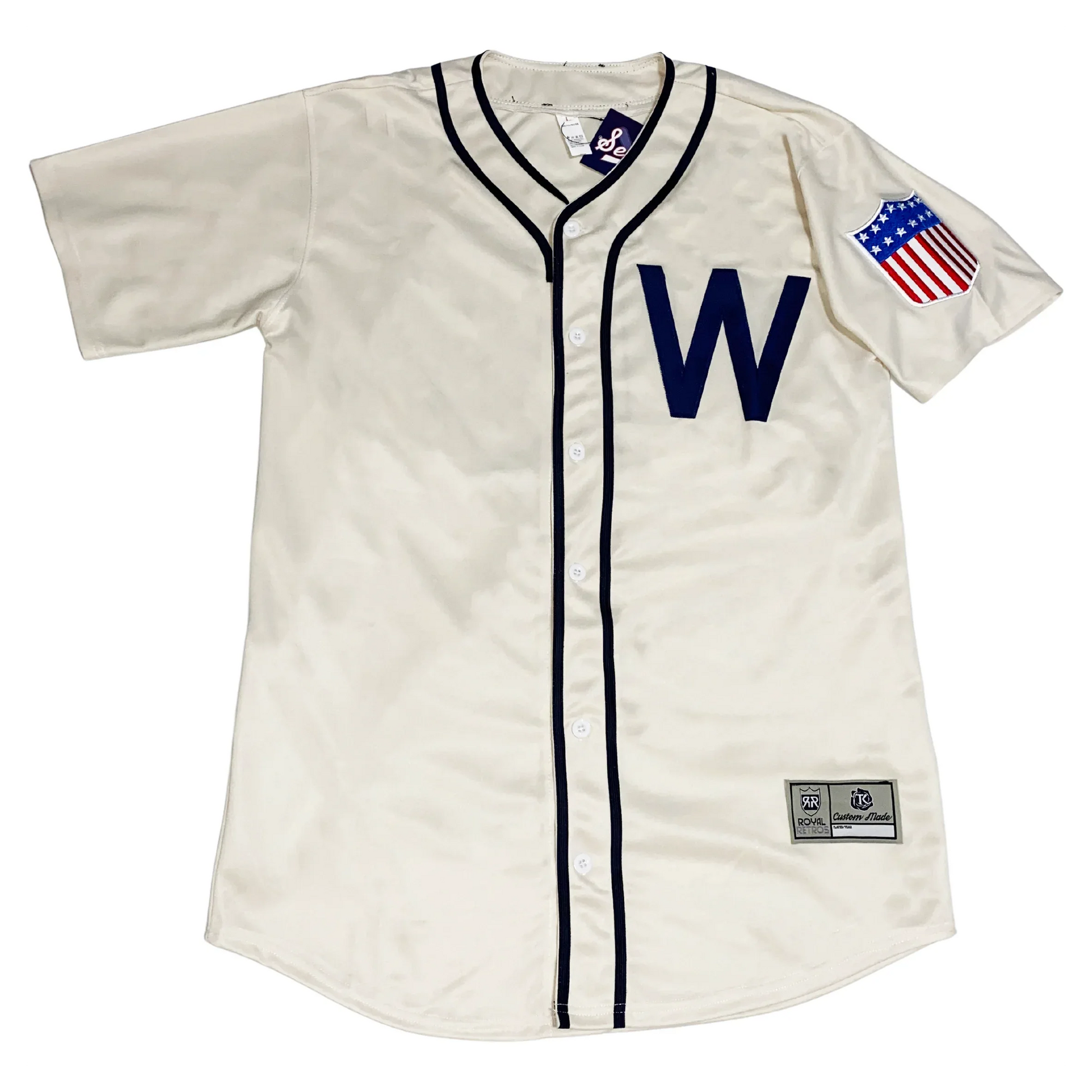 1945 Washington Senators cream home jersey with blue piping and blue W on chest — Royal Retros