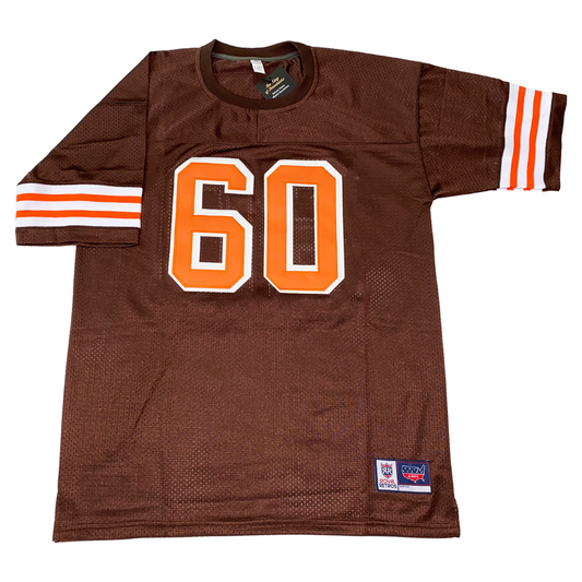 otto graham cleveland football jersey brown. White, orange, white, orange, white bands just above sleeve ends.  #60 orange with white shadow. Royal Retros