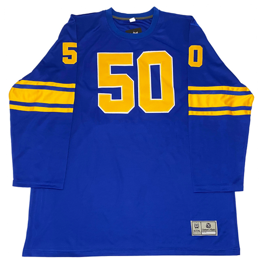 1950 Los Angeles Rams football jersey. Blue. Thin gold, blue, thick gold, think blue, thin gold striped mid sleeve. #50 yellow with white trim large on chest, small on shoulders.  Royal Retros