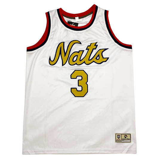 Syracuse Nationals Jersey 1950. White with red and blue trim  around neck and shoulders. NATS in gold with blue trim on chest. #3 in gold with blue trim below. Royal Retros