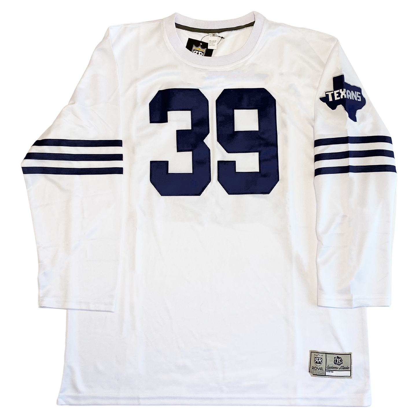 1952 NFL Dallas Texans jersey white. 3 navy blue lines in the middle of sleeves. Texans in white in blue outline of Texas on left sleeve. Royal Retros