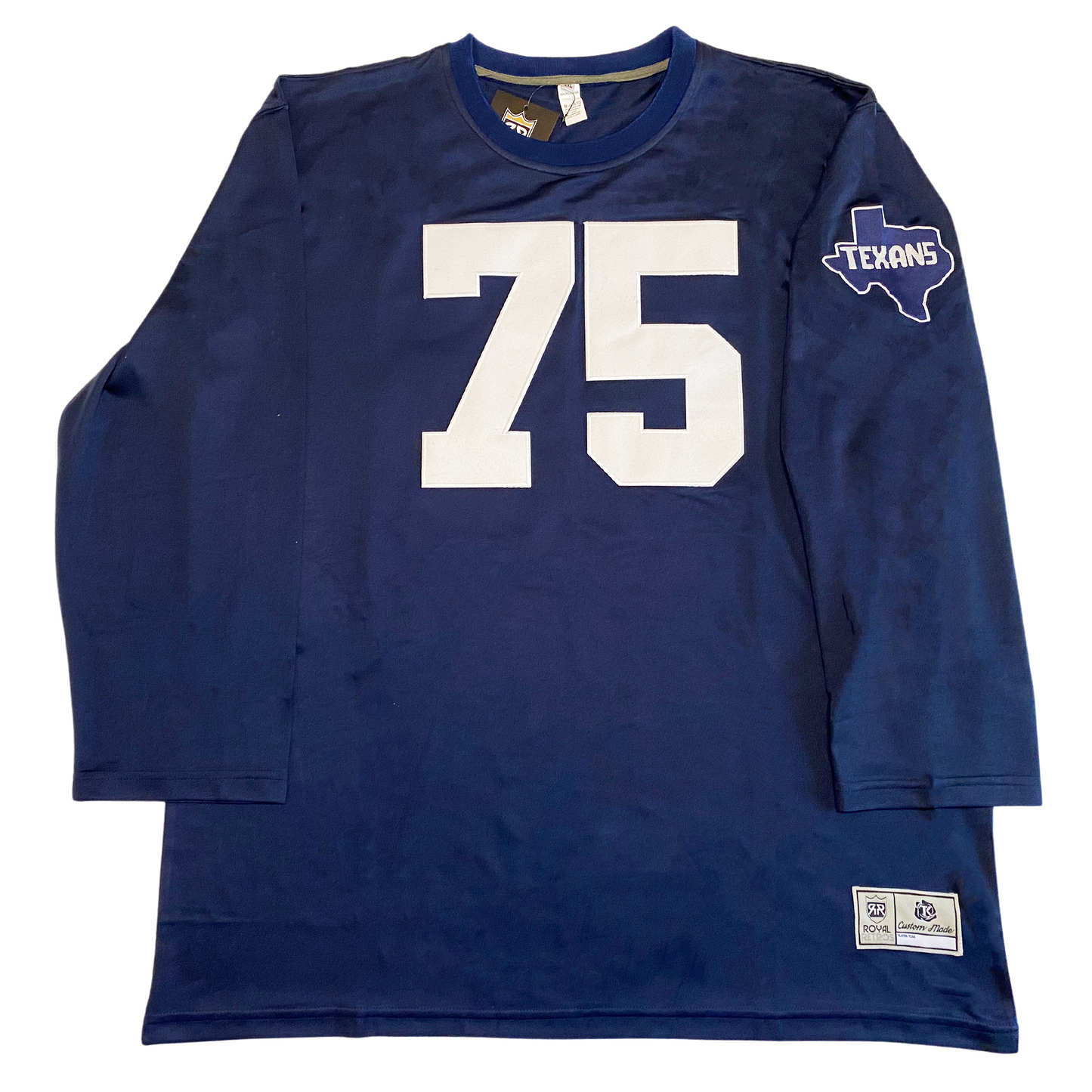 1952 Dallas Texans jersey blue/ White #75 on chest. Texans in white on white outline of Texas. Royal Retros
