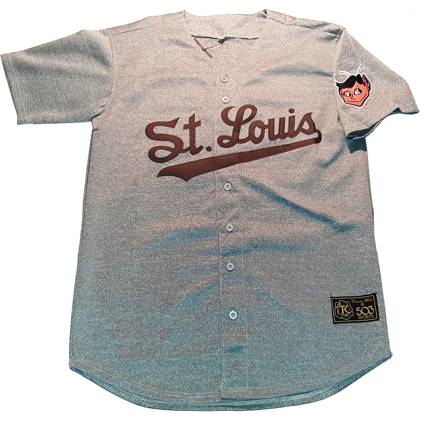 St Louis Browns button-up Jersey 1953 road pepper gray. St. Louis in brown script with text tail. Elf face on left sleeve. Royal Retros