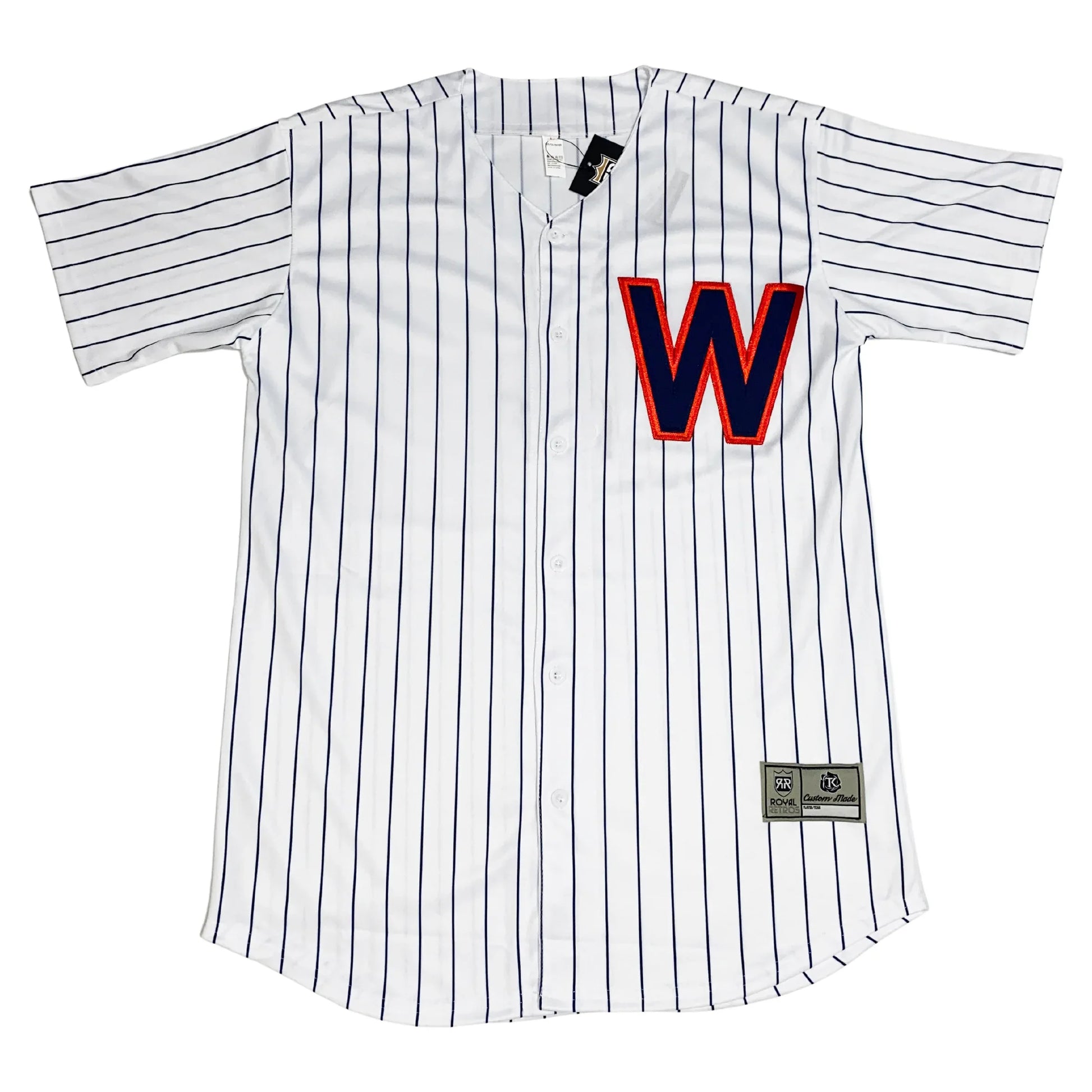 1953 Washington Senators white pinstriped jersey with blue W on chest — Royal Retros