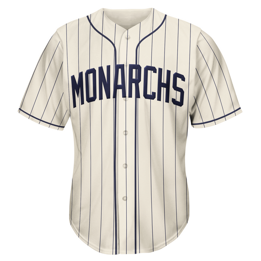 1953 Kansas City Monarchs white with blue letters and pinstripes Negro League jersey