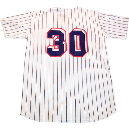 1957 Washington Senators white pinstriped jersey back with blue numbers trimmed in red — Royal Retros