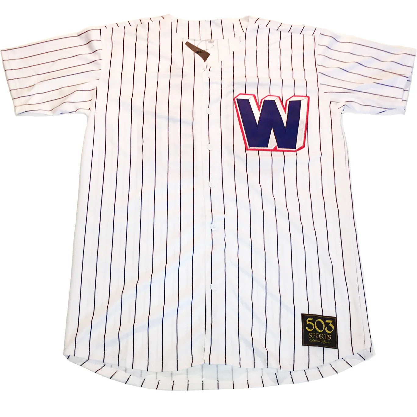 1957 Washington Senators white pinstriped jersey front with blue W — Royal Retros