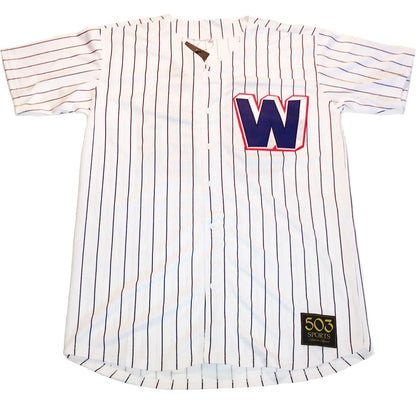 1957 Washington Senators white pinstriped jersey front with blue W — Royal Retros