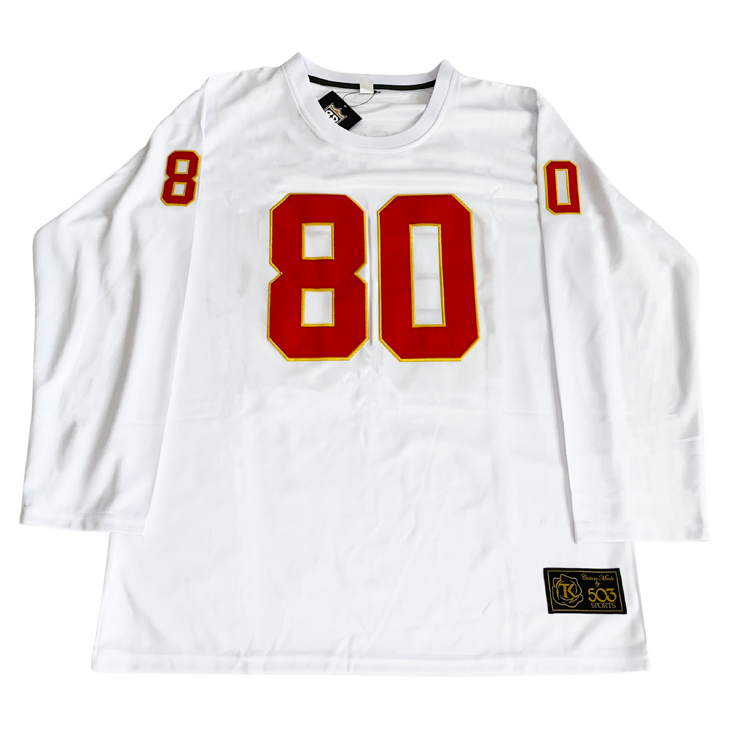 1960s Dallas Texans white football  jersey. Red #80 with gold trim large on chest, small on sleeves. Royal Retros