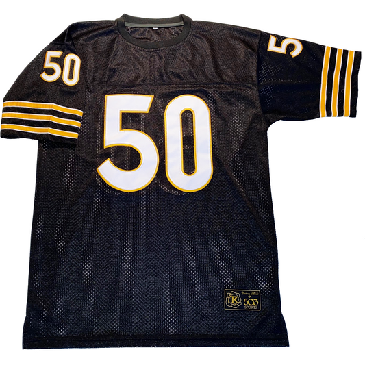 Oakland Senors Football Jersey black. Three gold bands with white trim on sleeves. #50 in whole with gold trim large on chest, small on shoulders. Royal Retros