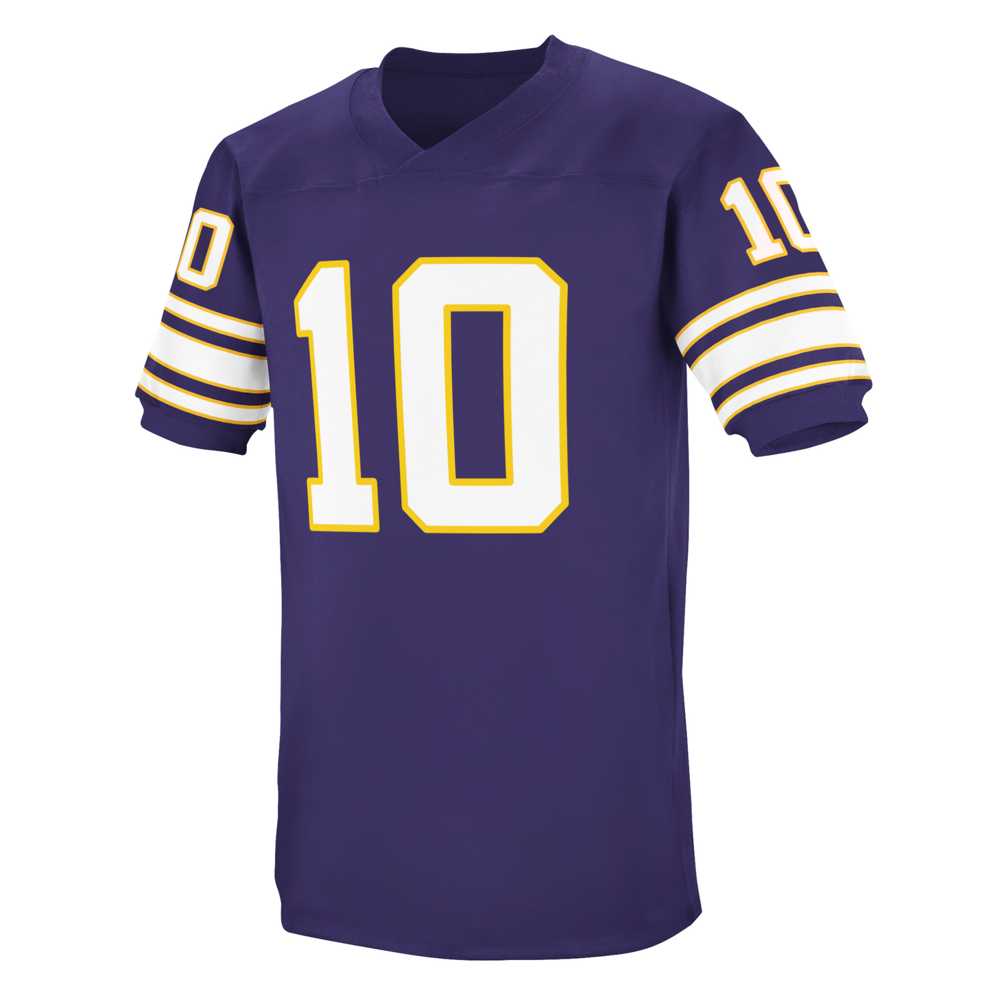 1960s Minnesota Vikings jersey. Gold, white, and purple trim on sleeves. #10 large on chest in white with gold trim, small on sleeves. Royal Retros