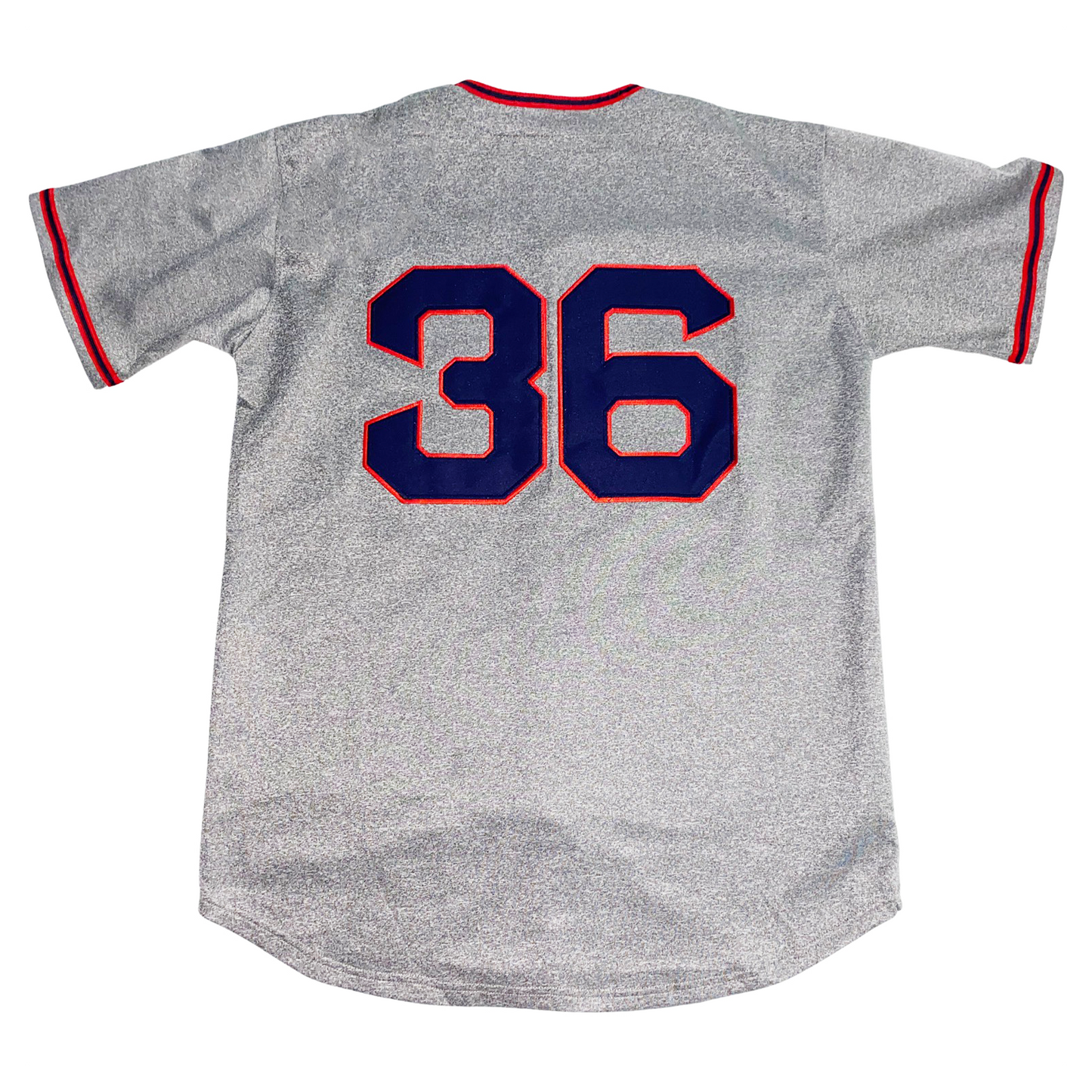 1961 Los Angeles Angels jersey. Pepper gray with red and blue trim at sleeve ends and around neck. #36 on back in blue with red trim. Royal Retros