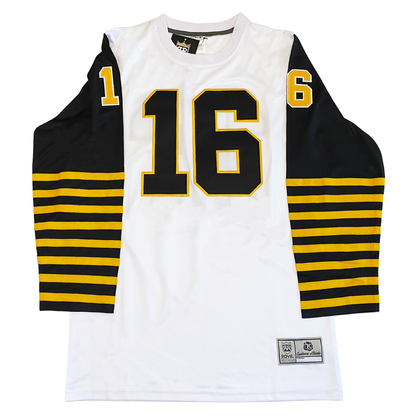 1965 Hamilton Tiger-Cats jersey white with black sleeves with yellow stripes on lower part of sleeves. Yellow #16 on sleeves gold with white trim. Black #16 with white trim on chest Royal Retros