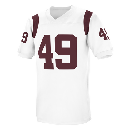1968 Washington Redskins jersey white. Maroon rings at shoulders. #49 maroon large on chest small on sleeves. Royal Retros