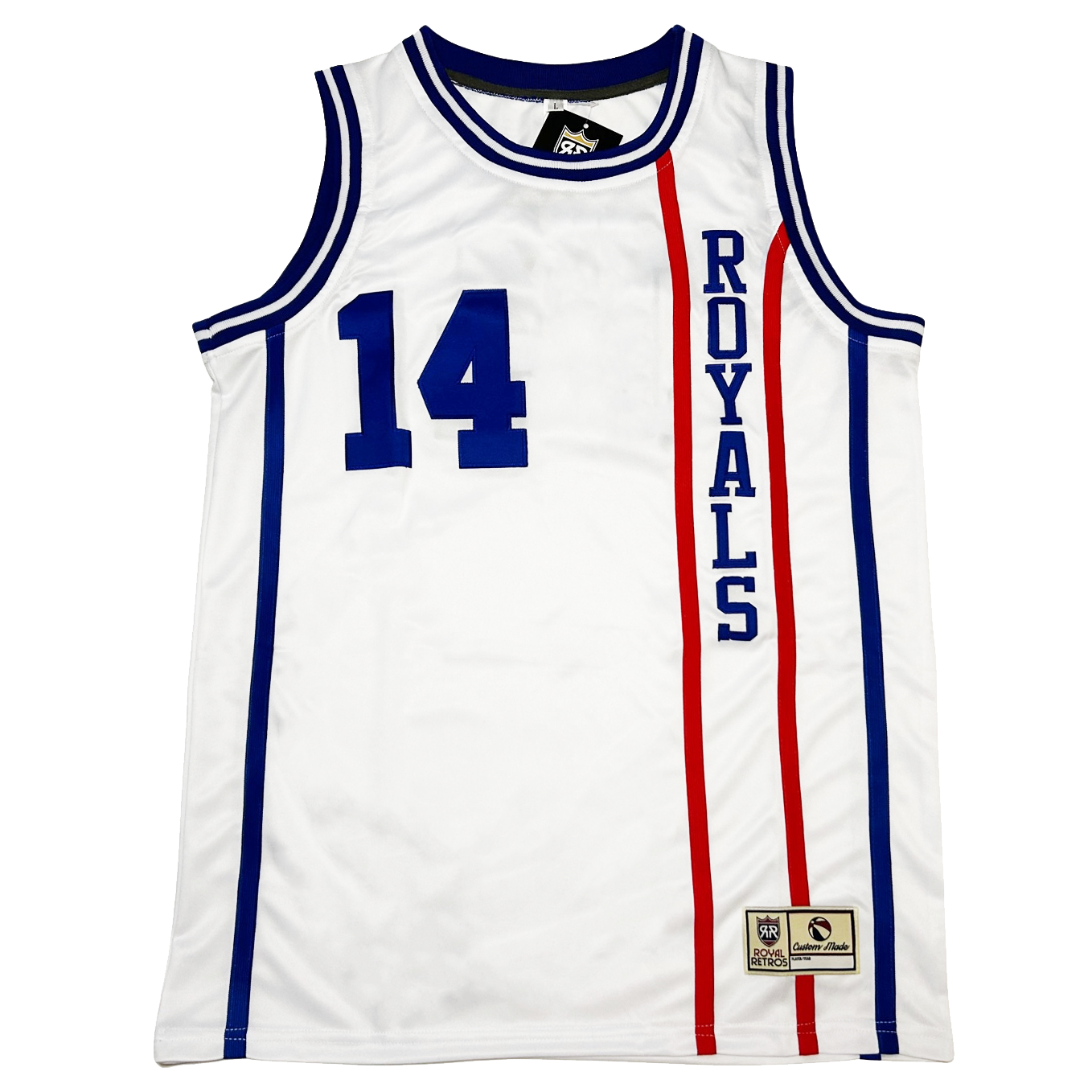 1969 Royals Jersey Cincinnati white with blue trim. front view  #14 in blue on right chest. Royals down the left side in blue with red stripes on either side Royal Retros