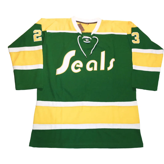 1970 California Golden Seals green jersey with white Seals wordmark — Royal Retros
