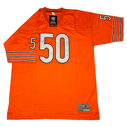 1970 Chicago Bears jersey. Orange. 3 bands of white, blue, and white lines on sleeves. #50 in white with blue trim on chest, large, small on shoulders. Royal Retros