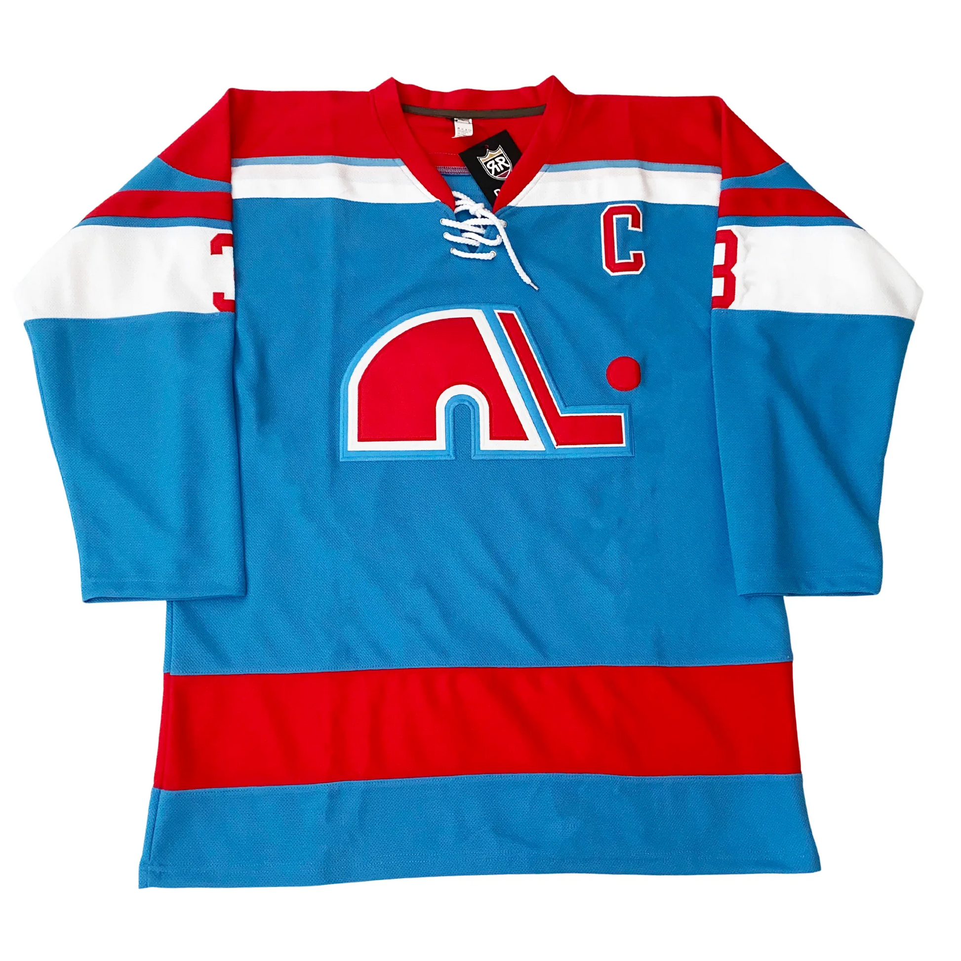 1972 WHA Quebec Nordiques blue jersey with red lowercase N-and-stick crest — Royal Retros