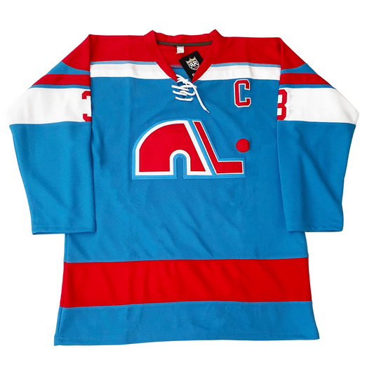 1972 WHA Quebec Nordiques blue jersey with red lowercase N-and-stick crest — Royal Retros
