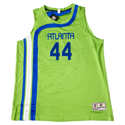 Green Atlanta Basketball Jersey with blue trim, individually handmade from heavyweight sewn tackle