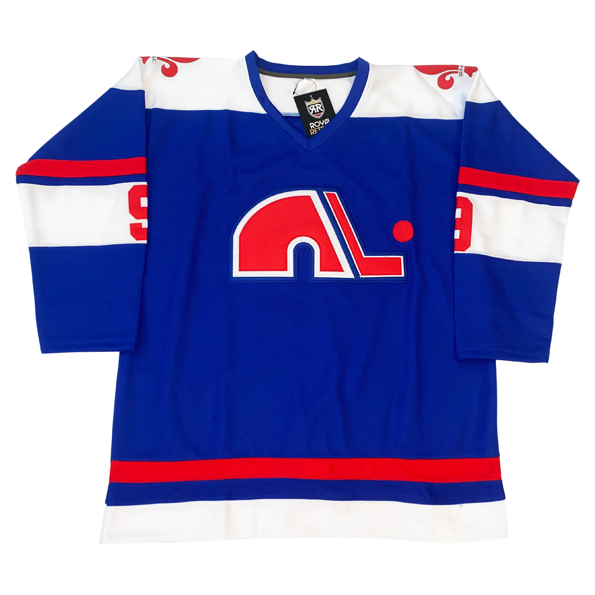 1974 WHA Quebec Nordiques blue jersey with fleur-de-lis trim and N-and-stick crest — Royal Retros
