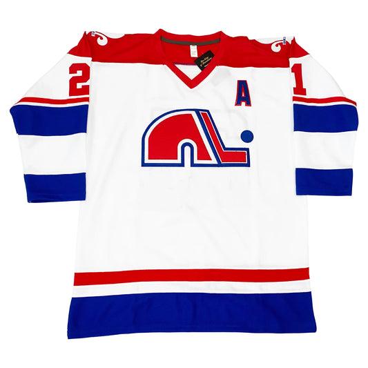 1974 WHA Quebec Nordiques white jersey with fleur-de-lis trim and N-and-stick crest — Royal Retros