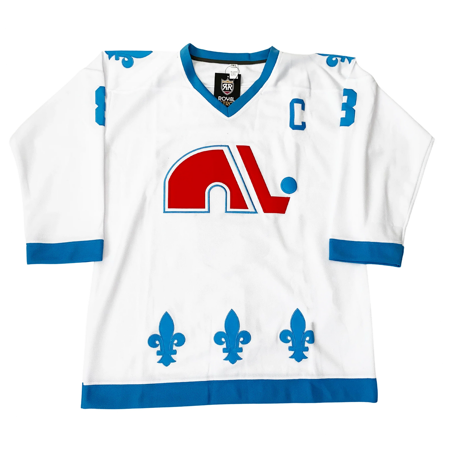 1976 WHA Quebec Nordiques white jersey with blue fleur-de-lis and N-and-stick crest — Royal Retros