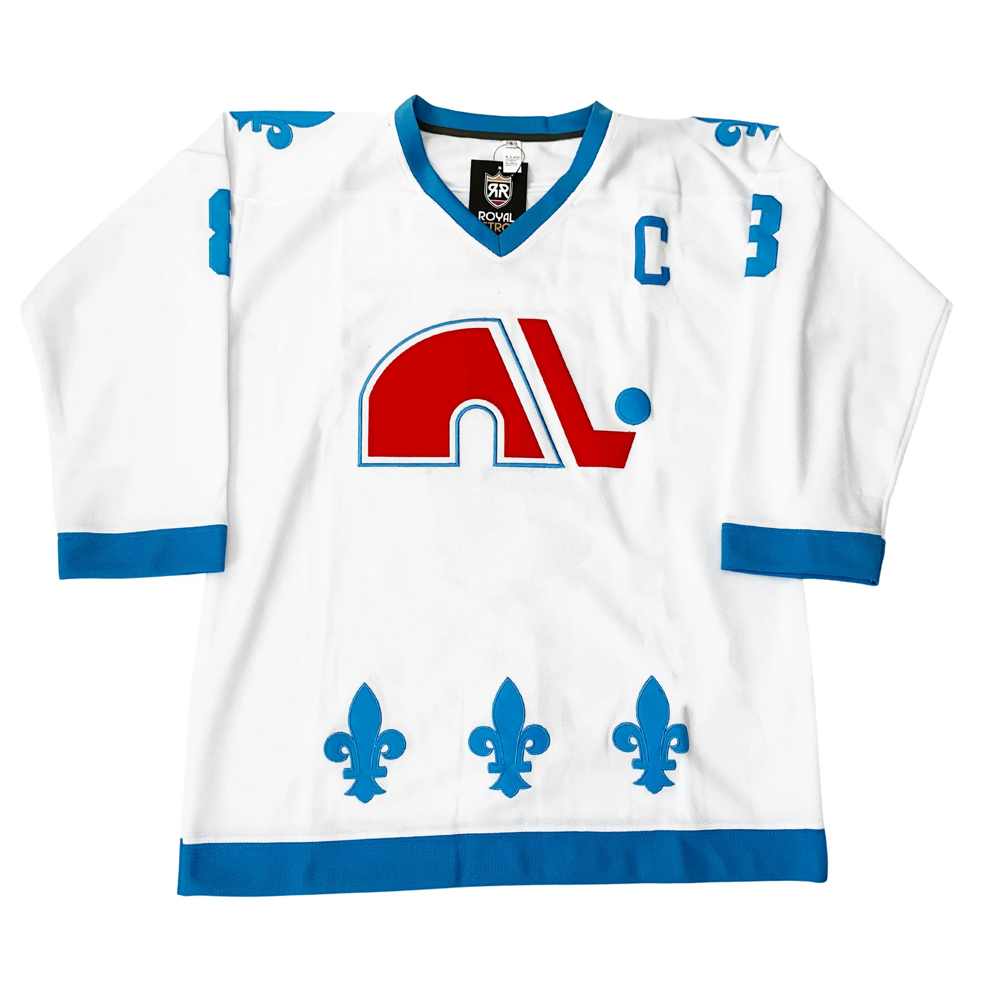 1976 WHA Quebec Nordiques white jersey with blue fleur-de-lis and N-and-stick crest — Royal Retros
