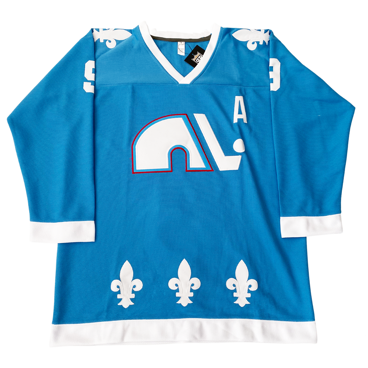 1976 WHA Nordiques Jersey. Blue. White  fleur-de-lis on shoulders and around waist. White band below that. White collar. White lowercase N logo with red trim, white hockey stick to right, white puck above blade. Alternate captain A in white on left chest. Royal Retros