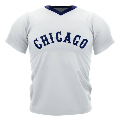 White t-shirt featuring Chicago text for Southside Chicago Baseball Jersey collection