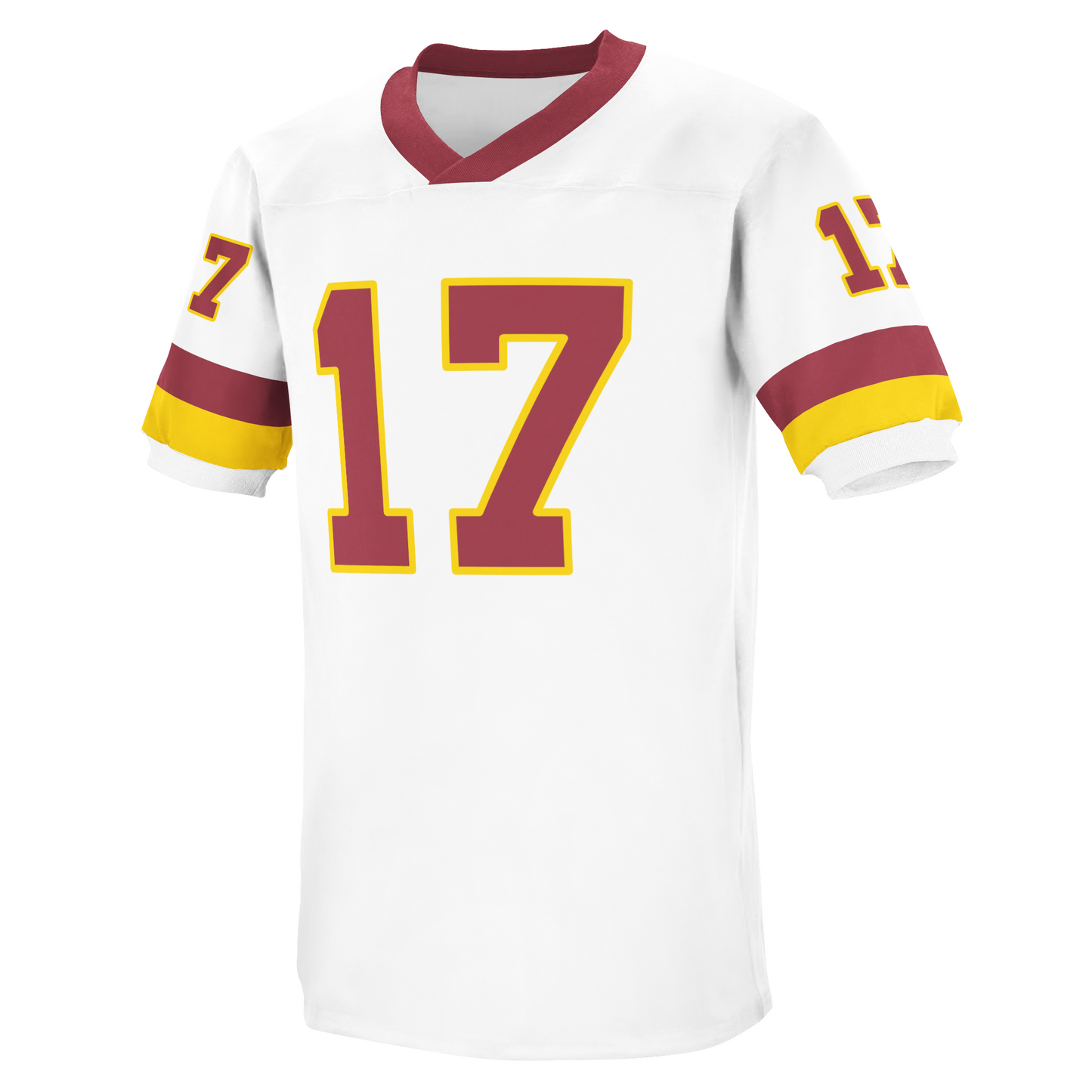 Washington Redskins 1980s jersey white with maroon collar. Maroon and gold bands and sleeve ends. #417 large in maroon with gold trim large n chest, small on sleeves. Royal Retros