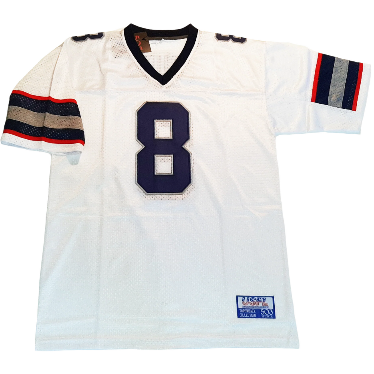 1983 LA Express USFL Jersey white. Blue collar. Red, blue, silver, blue, and red bands just above sleeve ends. #8 in blue with silver trim large on chest, small on shoulders.  Royal Retros