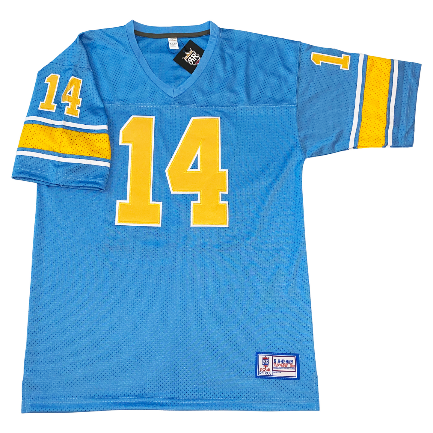 1983 Oakland Invaders USFL Jersey blue. Thin white, thin blue, thick yellow, thin blue, thin white bands just above sleeve ends. #14 in yelllow with white trim, large on chest, small on uooer sleeve. Royal Retros