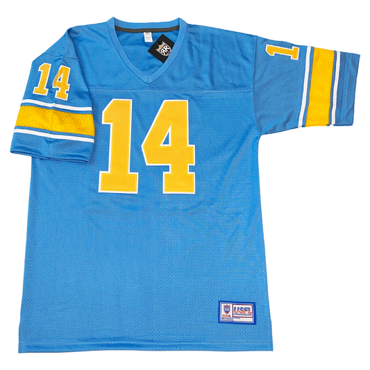 1983 Oakland Invaders USFL Jersey blue. Thin white, thin blue, thick yellow, thin blue, thin white bands just above sleeve ends. #14 in yelllow with white trim, large on chest, small on uooer sleeve. Royal Retros