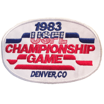Oval-shaped 1983 USFL Championship Game patch worn on vintage hockey jersey