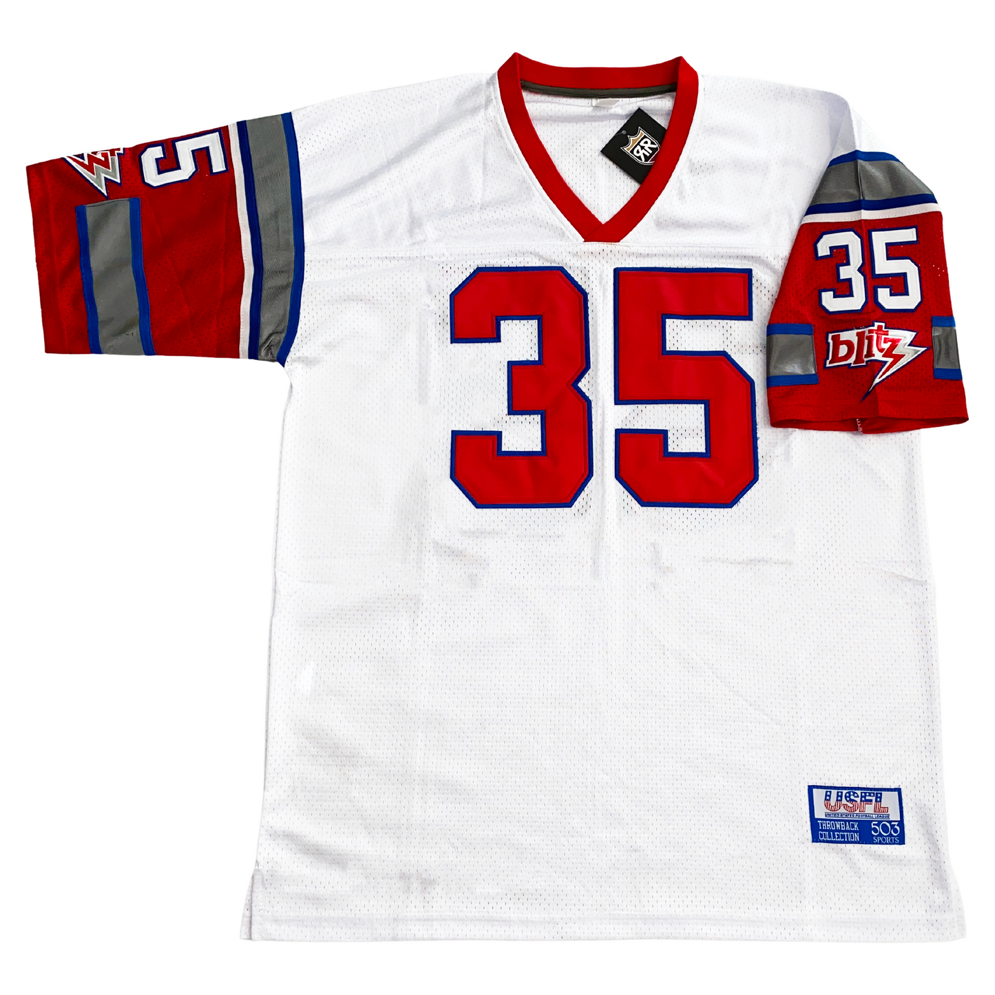 1984 Chicago Blitz USFL Jersey white with red, blue, and silver trim. Red numerals on chest, white numerals on sleeves Royal Retros