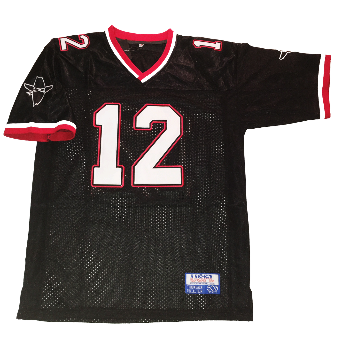 Arizona Outlaws USFL Jersey black. White and red trim at sleeve ends and collar. #12 white  with red trim large on chest, small on shoulders. Outlaw logo, black cowboy hat and bandana with white detail on shoulders. Royal Retros