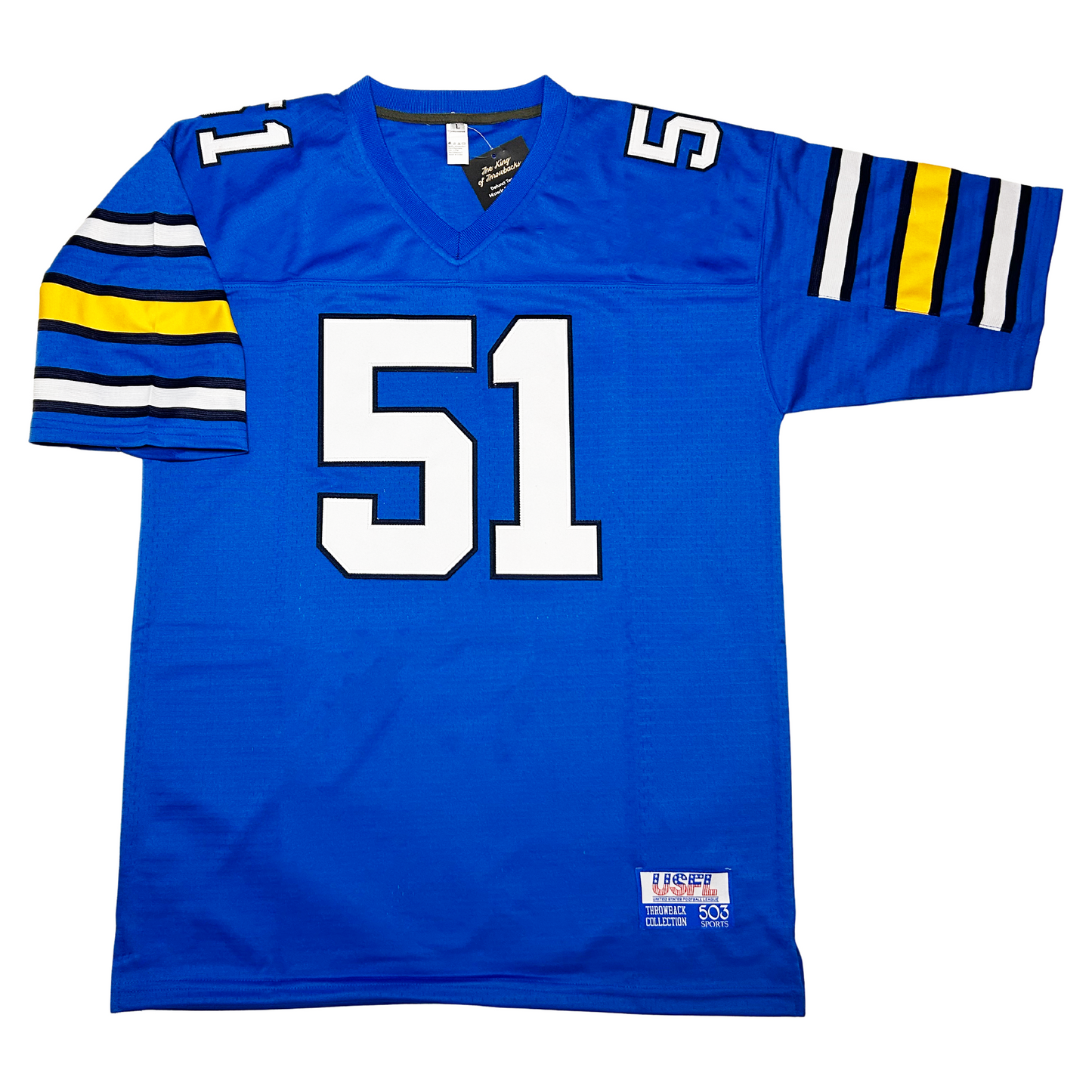 1985 Oakland Invaders USFL Jersey royal blue. Black, white, black band, blue band, thin black, thick yellow, thin black band, blue band,  Black, white, black band, above sleeve ends. #51 in white with black trim large on chest, small on shoulders. Royal Retros